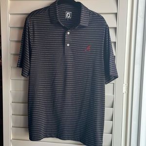 Footjoy Mens golf shirt with U. of Alabama scripted A in crimson; athletic fit